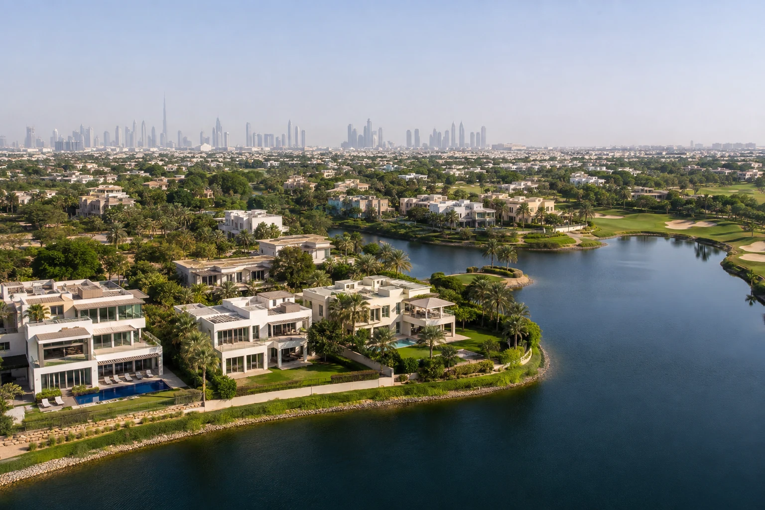 Villen, See und begrünte Grundstücke in Emirates Hills mit der Skyline von Dubai im Hintergrund